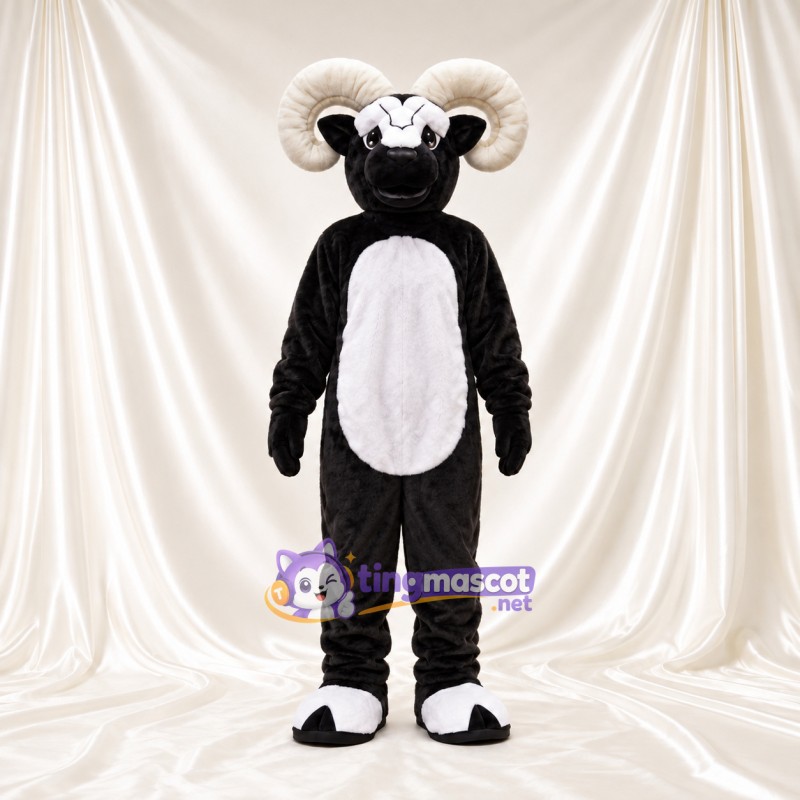 Black and White Ram Mascot Costume - White Belly and Curled White Horns Black and White Ram Mascot Costume - White Belly and Curled White Horns