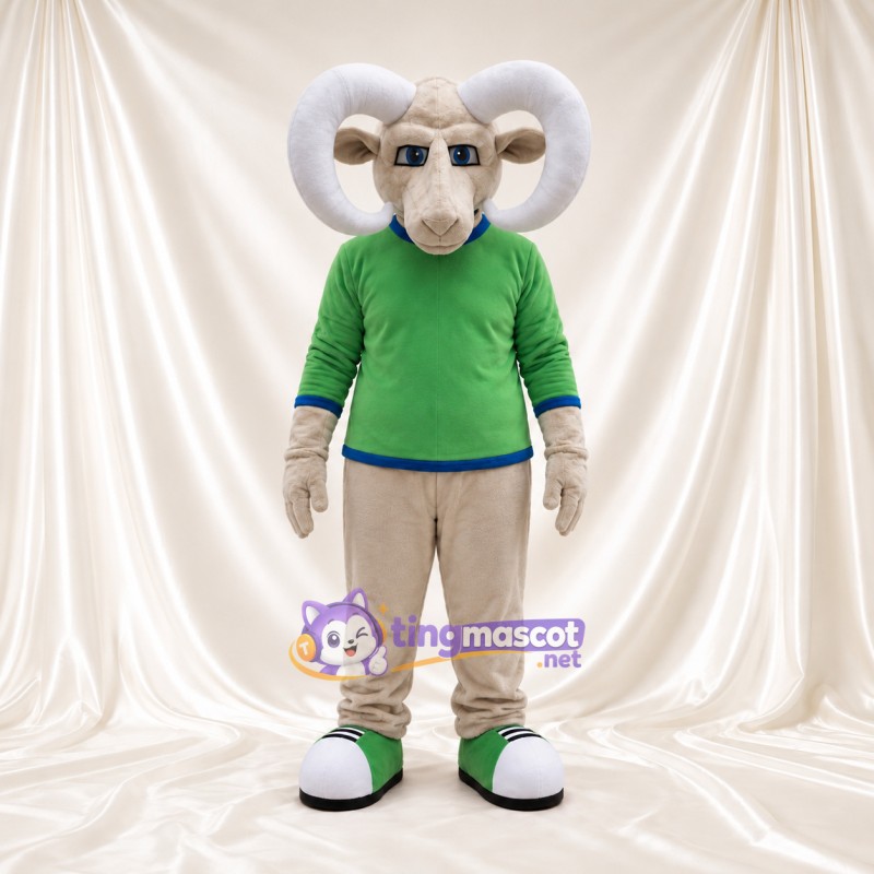 Costume de mascotte Bélier – brun clair – Pull (vert); Pantalon (beige) Costume de mascotte Bélier – brun clair – Pull (vert); Pantalon (beige)