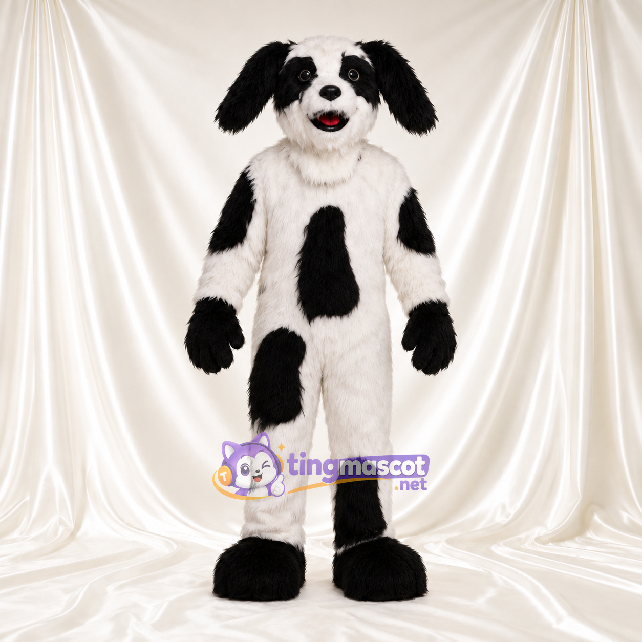 Black and White Dog Mascot Costume - Black Gloves and Large Black Patches Black and White Dog Mascot Costume - Black Gloves and Large Black Patches