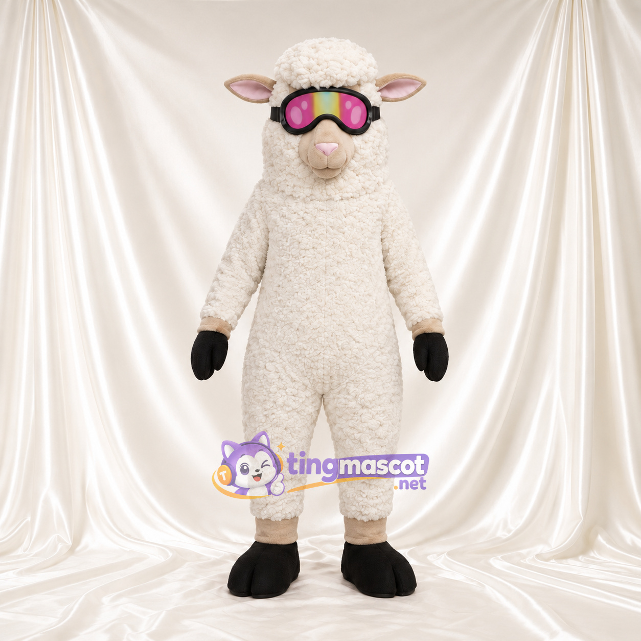 Costume de mascotte Mouton – crème – Lunettes de protection (rose) Costume de mascotte Mouton – crème – Lunettes de protection (rose)