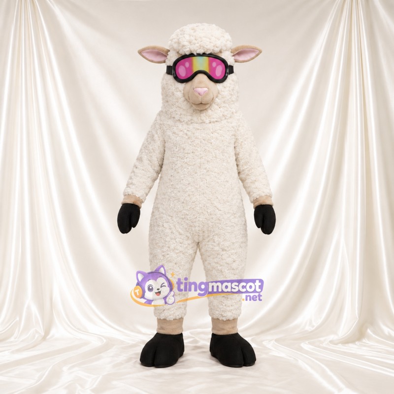 Costume de mascotte Mouton – crème – Lunettes de protection (rose) Costume de mascotte Mouton – crème – Lunettes de protection (rose)