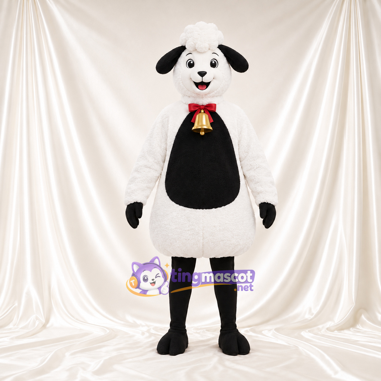 Black and White Sheep Mascot Costume - Red Bow and Bell Black and White Sheep Mascot Costume - Red Bow and Bell
