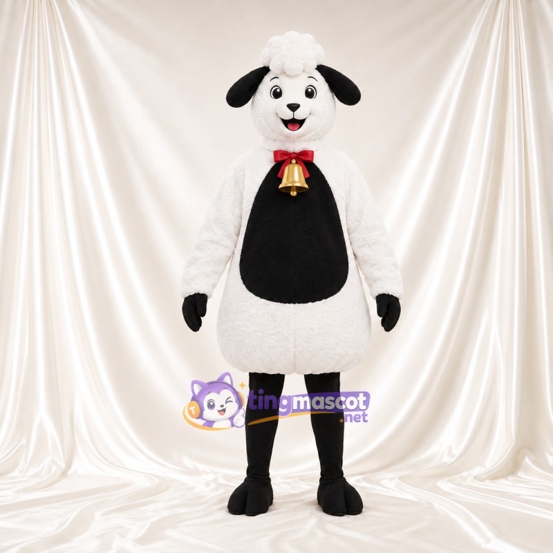 Black and White Sheep Mascot Costume - Red Bow and Bell Black and White Sheep Mascot Costume - Red Bow and Bell