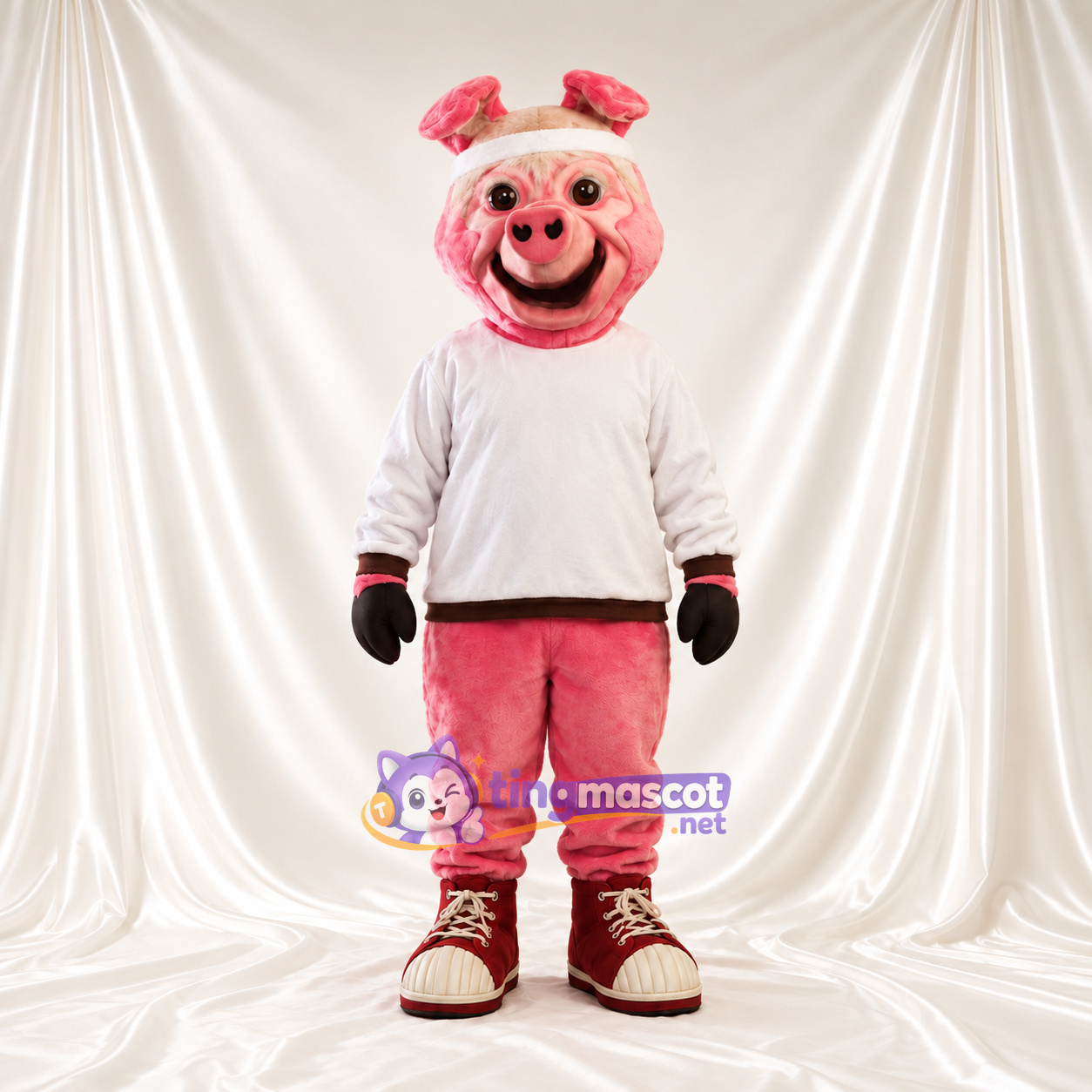 Costume de mascotte Cochon – rose – Chemise (blanc); Bandeau Costume de mascotte Cochon – rose – Chemise (blanc); Bandeau