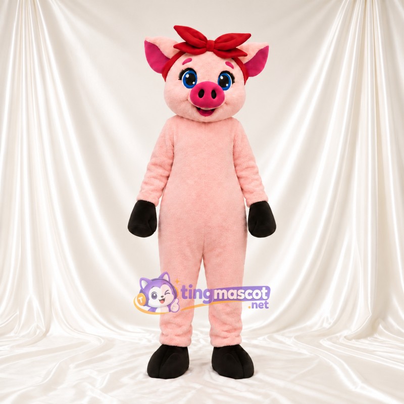 Maskottchenkostüm Schwein – hellrosa – Kopfschleife (rot) Maskottchenkostüm Schwein – hellrosa – Kopfschleife (rot)