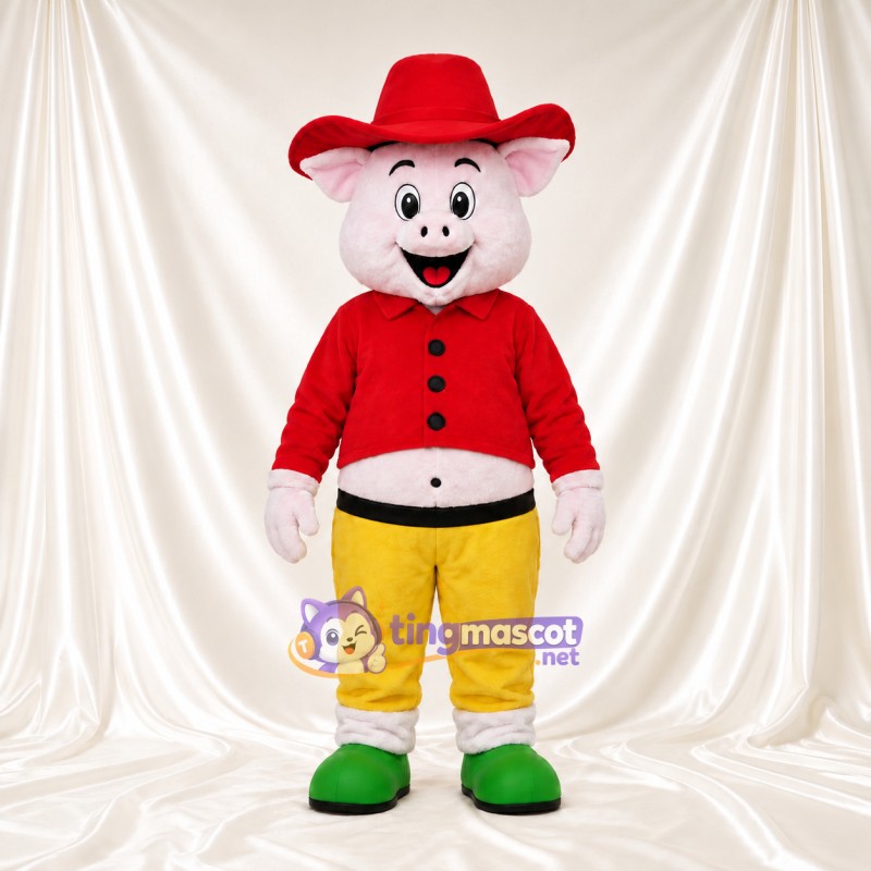 Costume de mascotte Cochon – blanc – Chapeau de cowboy (rouge); Pantalon (jaune) Costume de mascotte Cochon – blanc – Chapeau de cowboy (rouge); Pantalon (jaune)