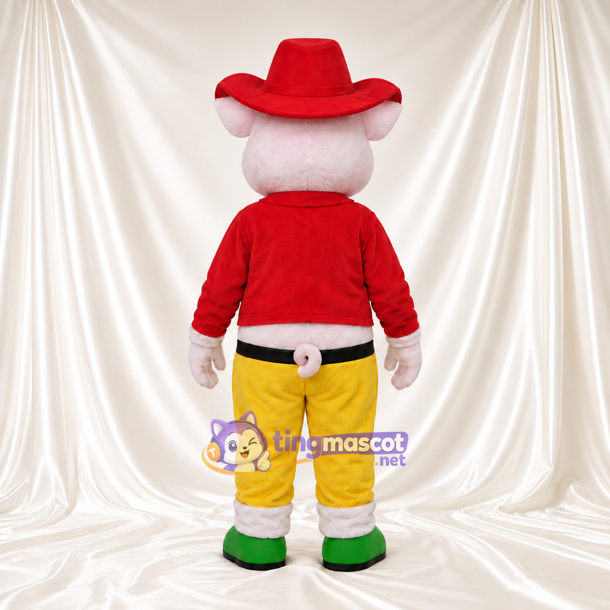 Costume de mascotte Cochon – blanc – Chapeau de cowboy (rouge); Pantalon (jaune)