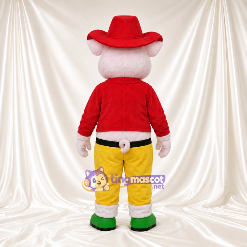 Costume de mascotte Cochon – blanc – Chapeau de cowboy (rouge); Pantalon (jaune)