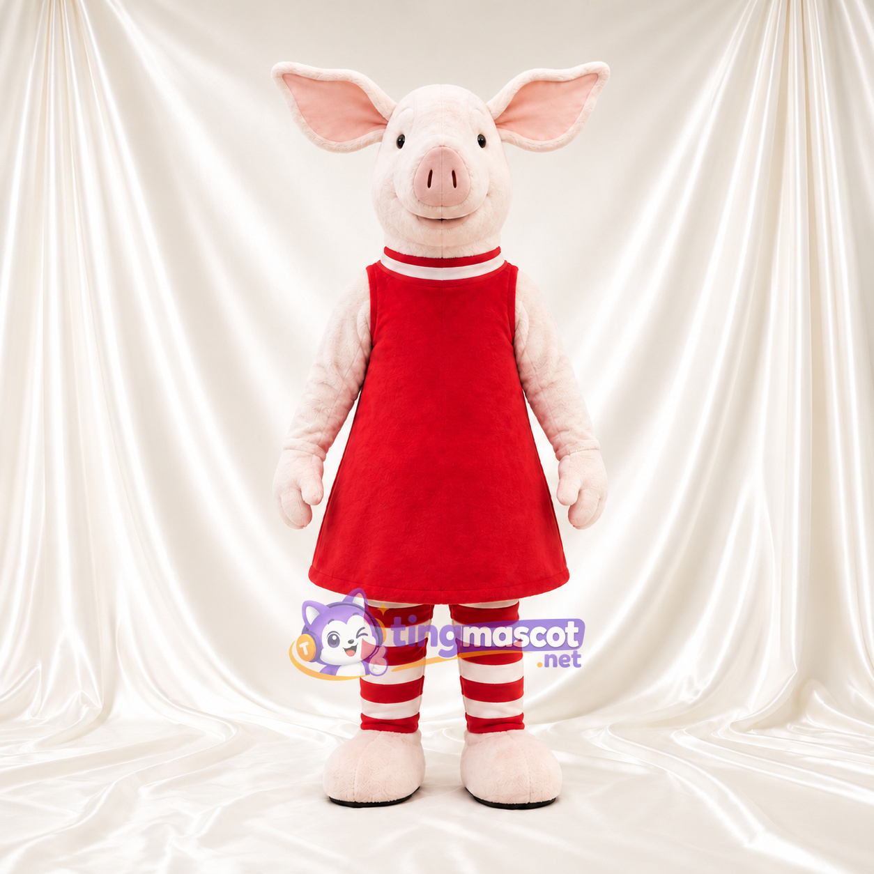 Maskottchenkostüm Schwein – hellrosa – Kleid (rot); Gestreifte Beine Maskottchenkostüm Schwein – hellrosa – Kleid (rot); Gestreifte Beine
