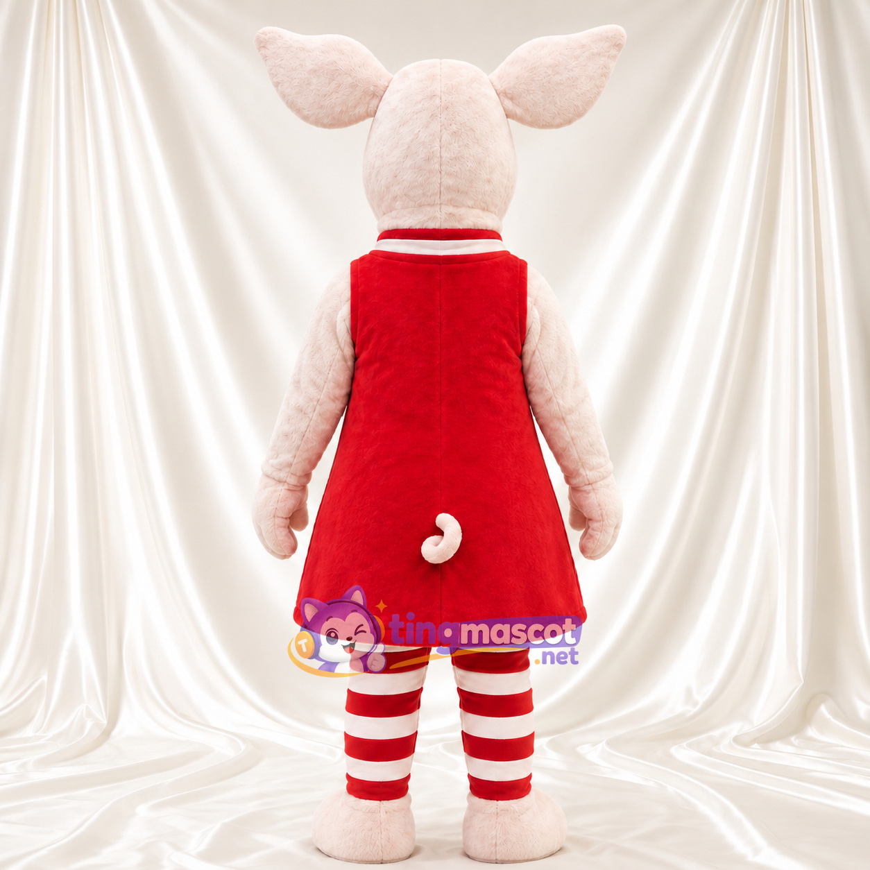 Maskottchenkostüm Schwein – hellrosa – Kleid (rot); Gestreifte Beine Maskottchenkostüm Schwein – hellrosa – Kleid (rot); Gestreifte Beine