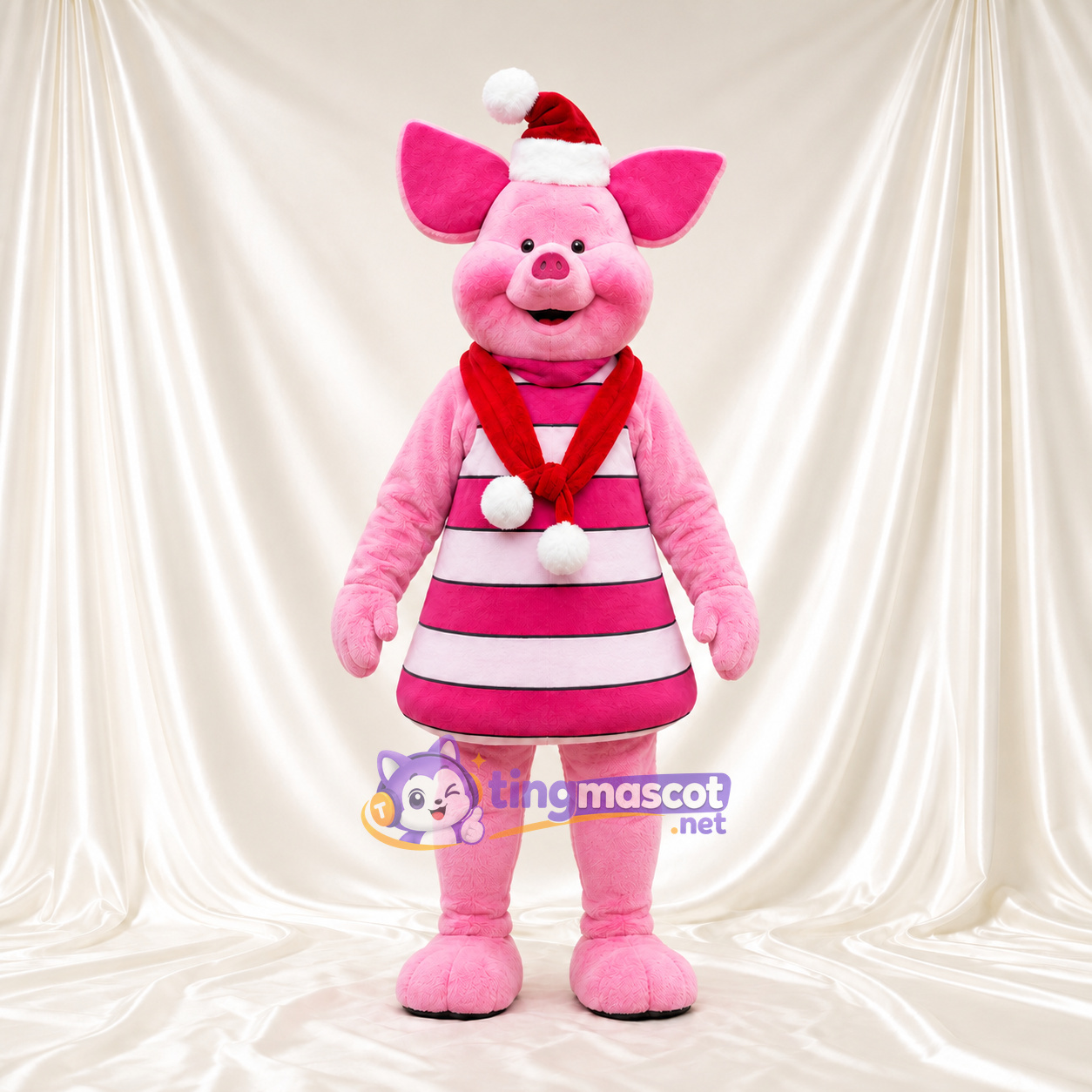 Costume de mascotte Cochon – rose – Bonnet de Noël; Robe Costume de mascotte Cochon – rose – Bonnet de Noël; Robe