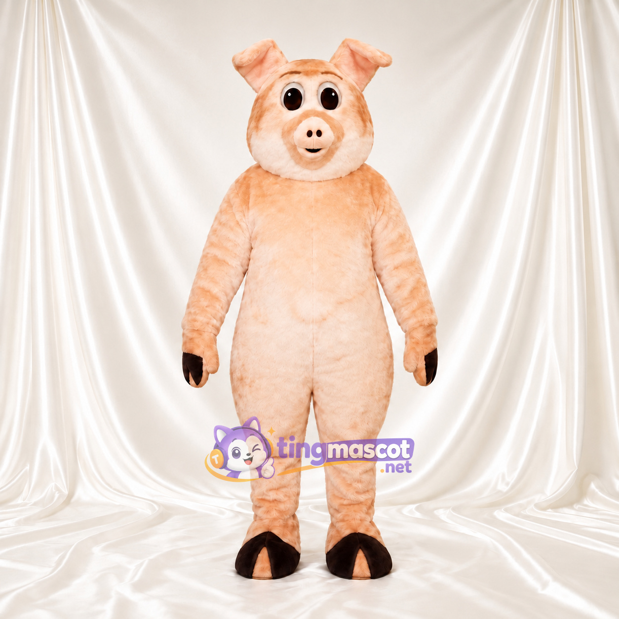 Costume de mascotte Cochon – pêche – Gants (noir); Visage souriant Costume de mascotte Cochon – pêche – Gants (noir); Visage souriant