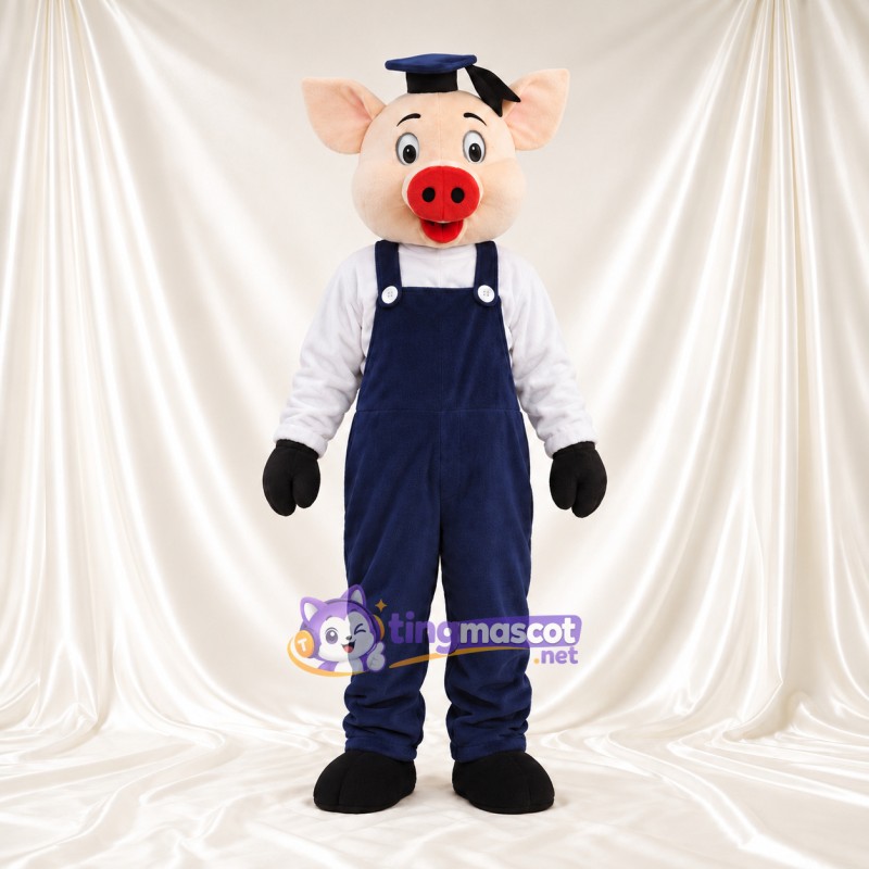 Beige Pig Mascot Costume - Navy Overalls and Cap Beige Pig Mascot Costume - Navy Overalls and Cap