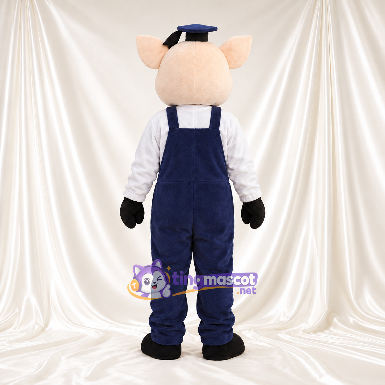 Beige Pig Mascot Costume - Navy Overalls and Cap Beige Pig Mascot Costume - Navy Overalls and Cap