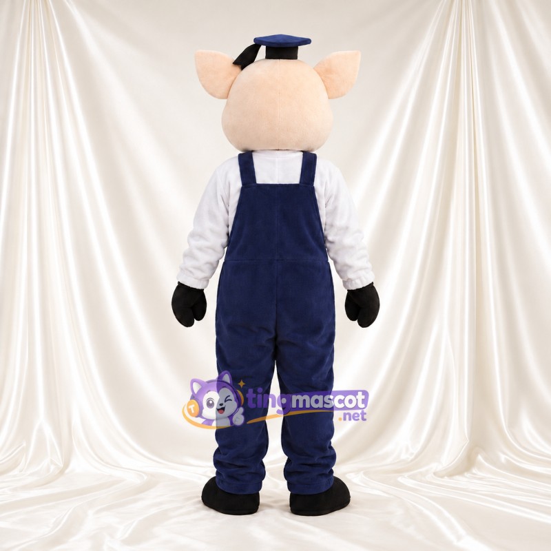 Beige Pig Mascot Costume - Navy Overalls and Cap Beige Pig Mascot Costume - Navy Overalls and Cap