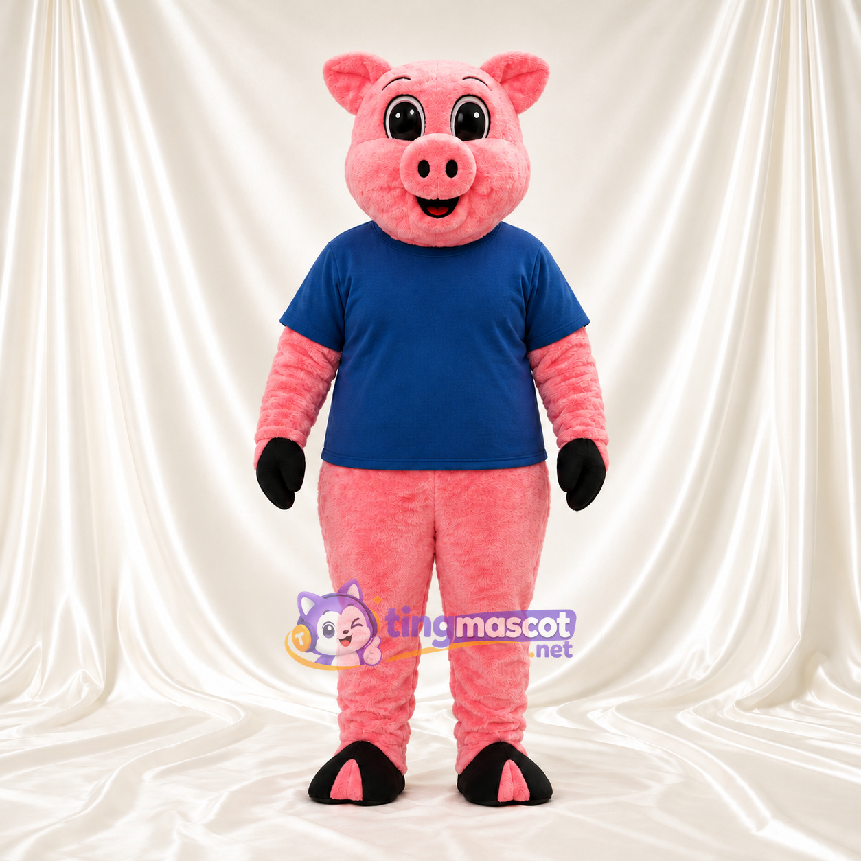 Maskottchenkostüm Schwein – korallrosa – Hemd (blau) Maskottchenkostüm Schwein – korallrosa – Hemd (blau)