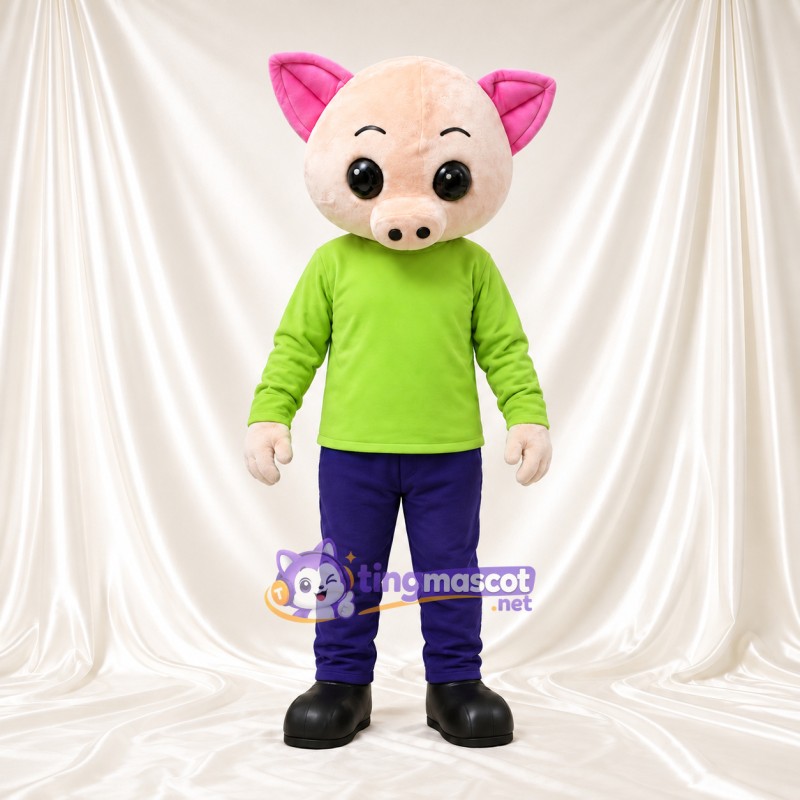 Beige Pig Mascot Costume - Green Shirt and Navy Pants Beige Pig Mascot Costume - Green Shirt and Navy Pants