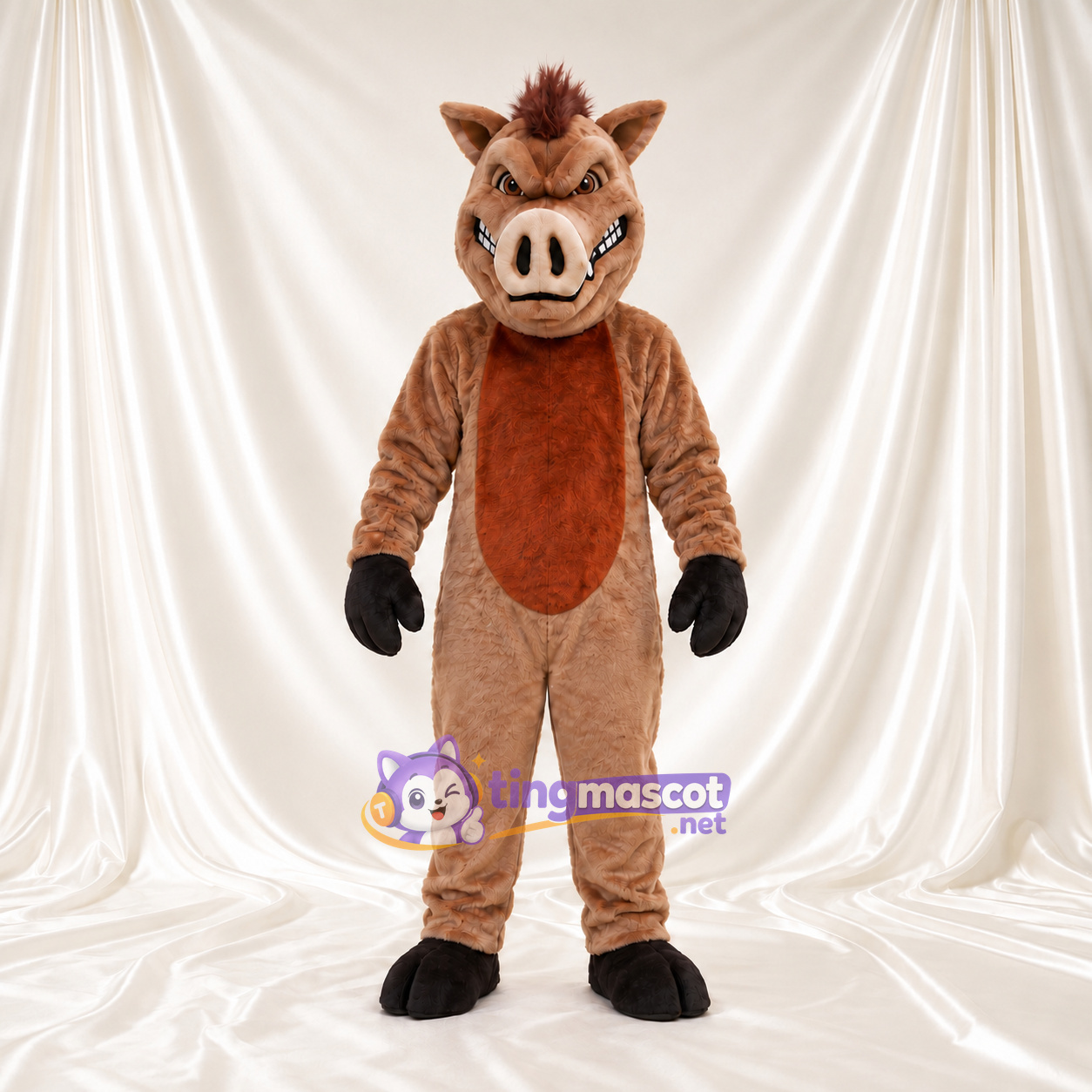Maskottchenkostüm Wildschwein – braun – Bauch (orange); Mähne (braun) Maskottchenkostüm Wildschwein – braun – Bauch (orange); Mähne (braun)