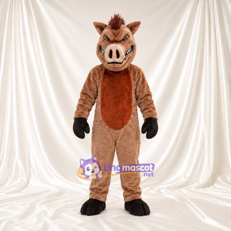 Maskottchenkostüm Wildschwein – braun – Bauch (orange); Mähne (braun) Maskottchenkostüm Wildschwein – braun – Bauch (orange); Mähne (braun)