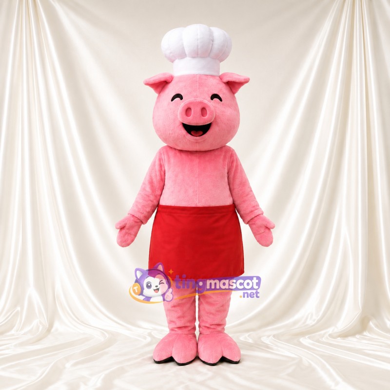 Costume de mascotte Cochon – rose – Toque de chef; Tablier (rouge) Costume de mascotte Cochon – rose – Toque de chef; Tablier (rouge)