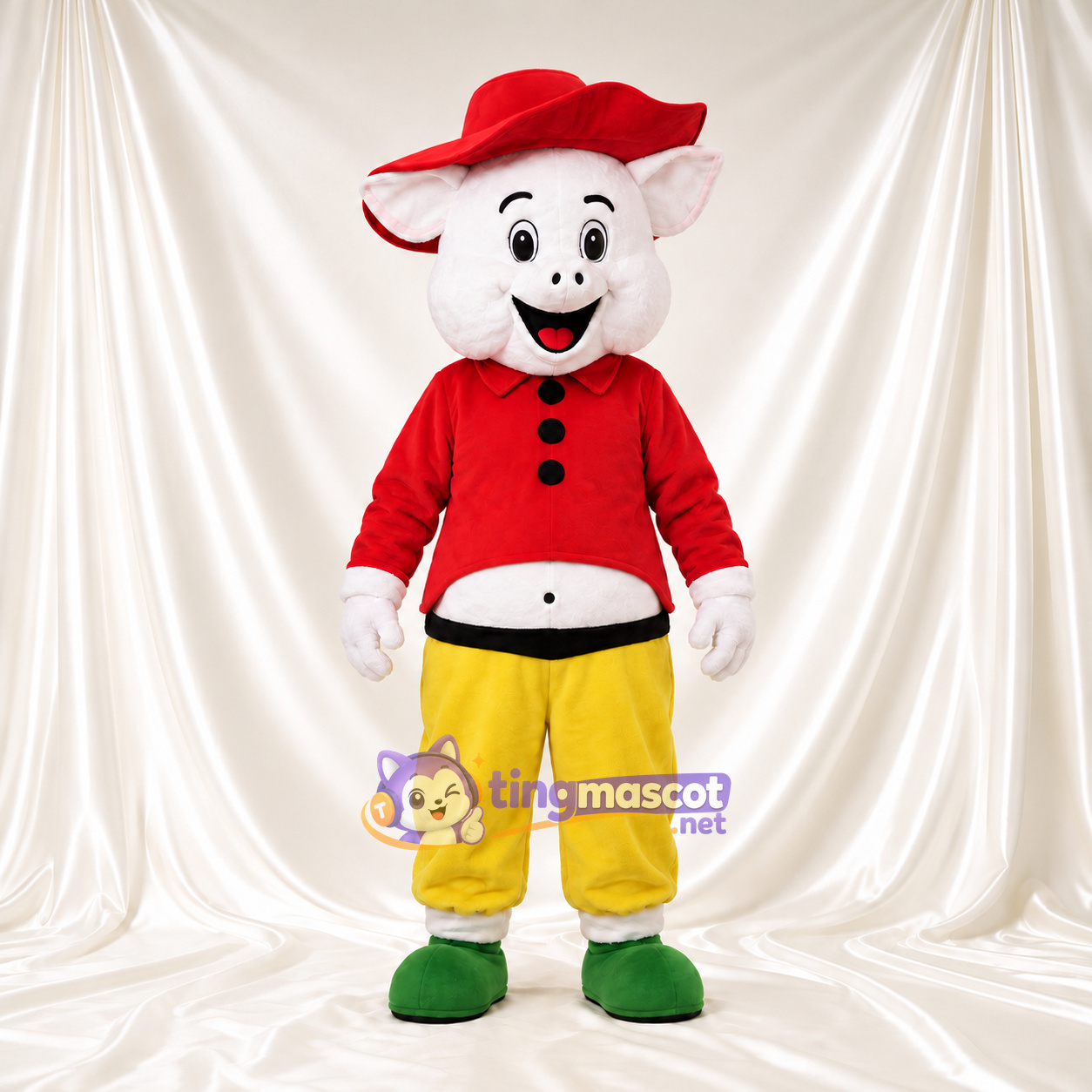 Costume de mascotte Cochon – blanc – Veste (rouge); Pantalon (jaune) Costume de mascotte Cochon – blanc – Veste (rouge); Pantalon (jaune)