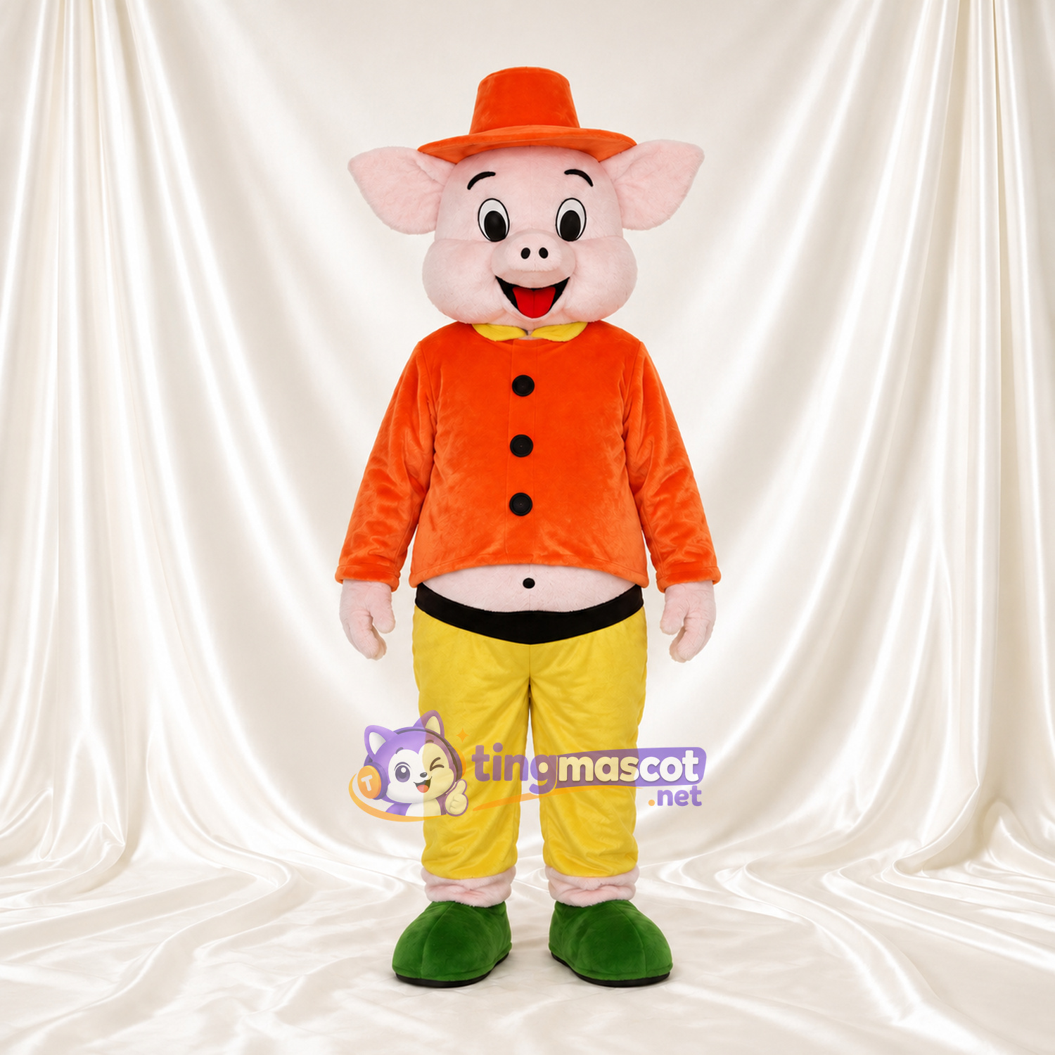 Costume de mascotte Cochon – blanc – Chapeau (orange); Veste Costume de mascotte Cochon – blanc – Chapeau (orange); Veste