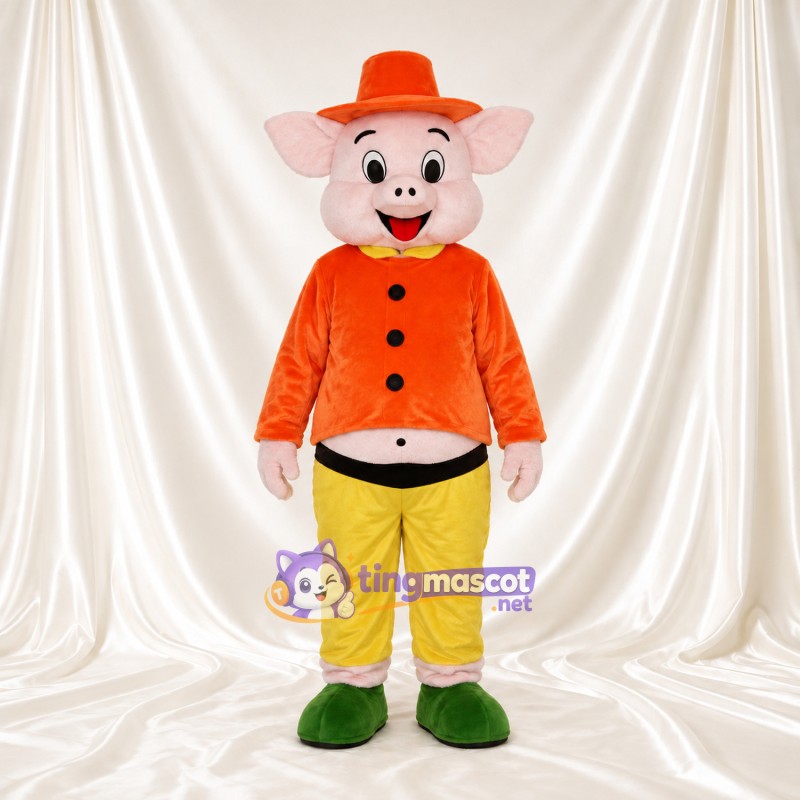 Costume de mascotte Cochon – blanc – Chapeau (orange); Veste Costume de mascotte Cochon – blanc – Chapeau (orange); Veste