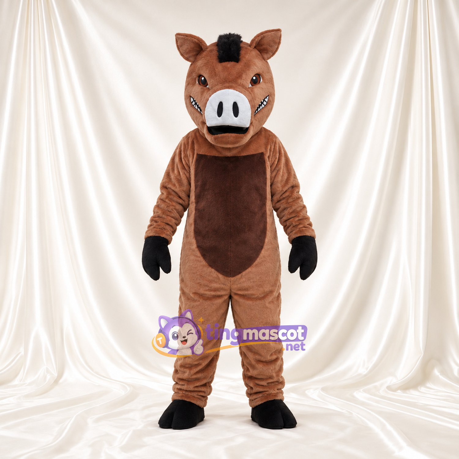Maskottchenkostüm Wildschwein – braun – Bauch (braun); Mähne (schwarz) Maskottchenkostüm Wildschwein – braun – Bauch (braun); Mähne (schwarz)