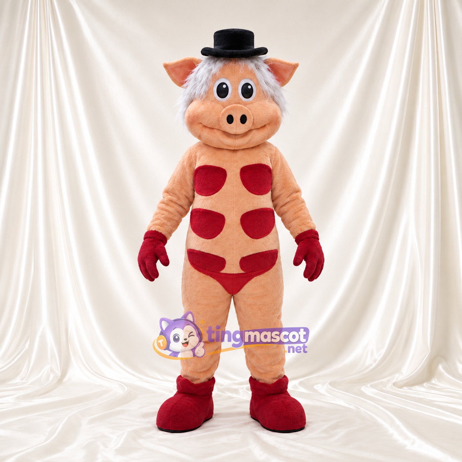 Costume de mascotte Cochon – pêche – Chapeau melon (noir); Taches (rouge) Costume de mascotte Cochon – pêche – Chapeau melon (noir); Taches (rouge)
