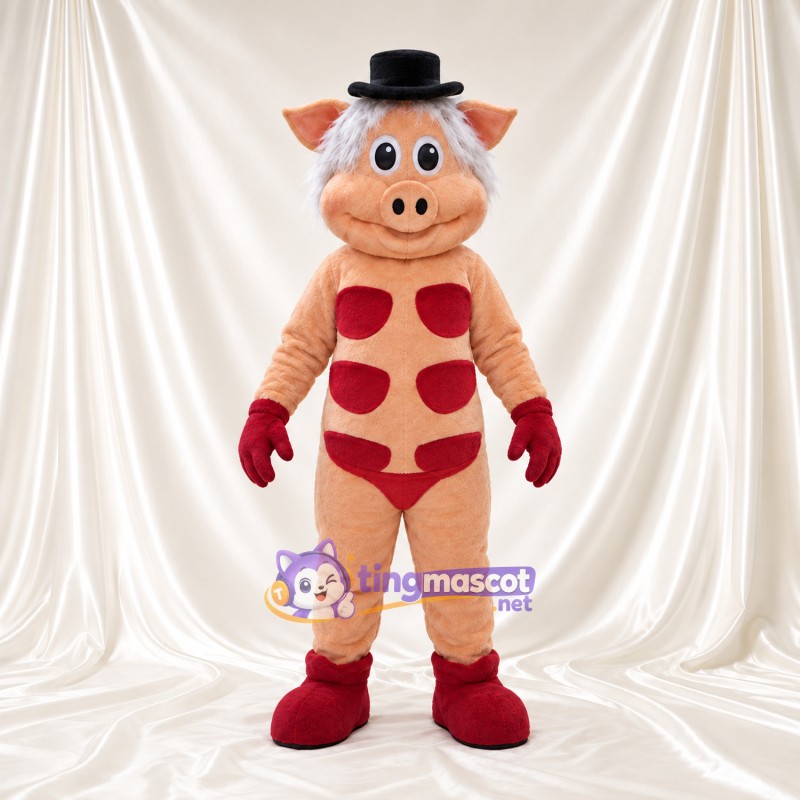 Costume de mascotte Cochon – pêche – Chapeau melon (noir); Taches (rouge) Costume de mascotte Cochon – pêche – Chapeau melon (noir); Taches (rouge)