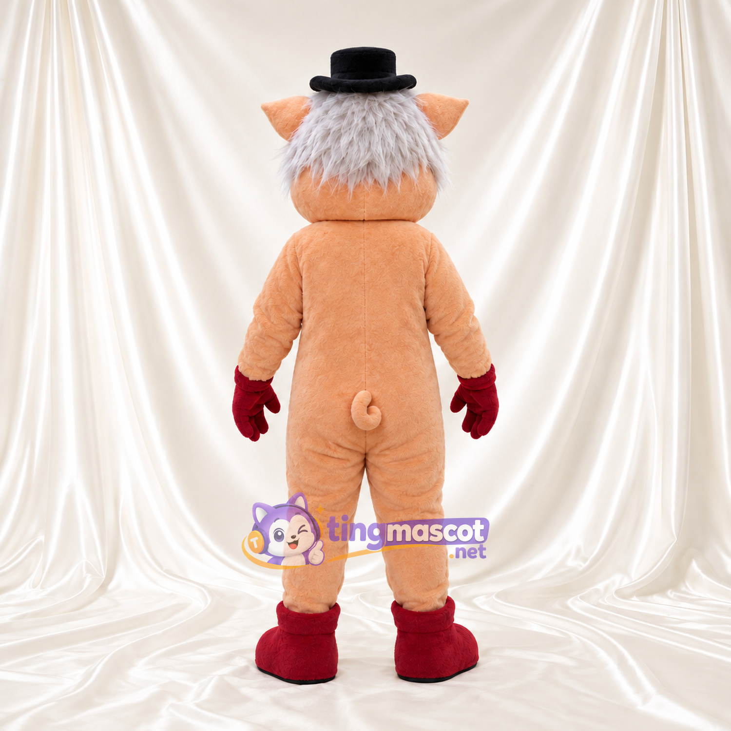 Costume de mascotte Cochon – pêche – Chapeau melon (noir); Taches (rouge) Costume de mascotte Cochon – pêche – Chapeau melon (noir); Taches (rouge)