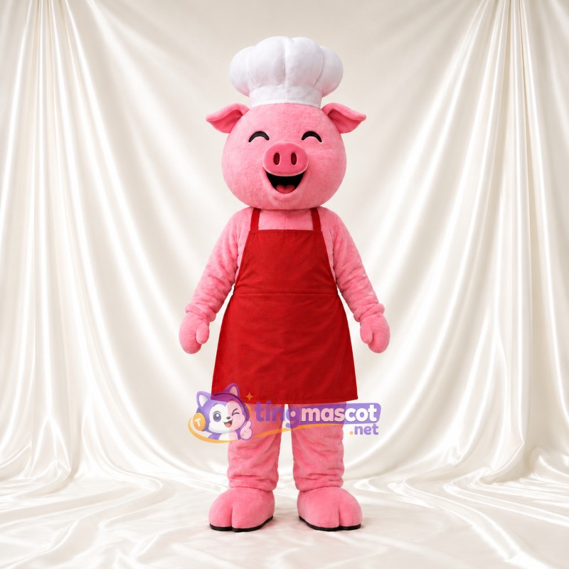 Costume de mascotte Cochon – rose – Toque de chef; Tablier (rouge) Costume de mascotte Cochon – rose – Toque de chef; Tablier (rouge)