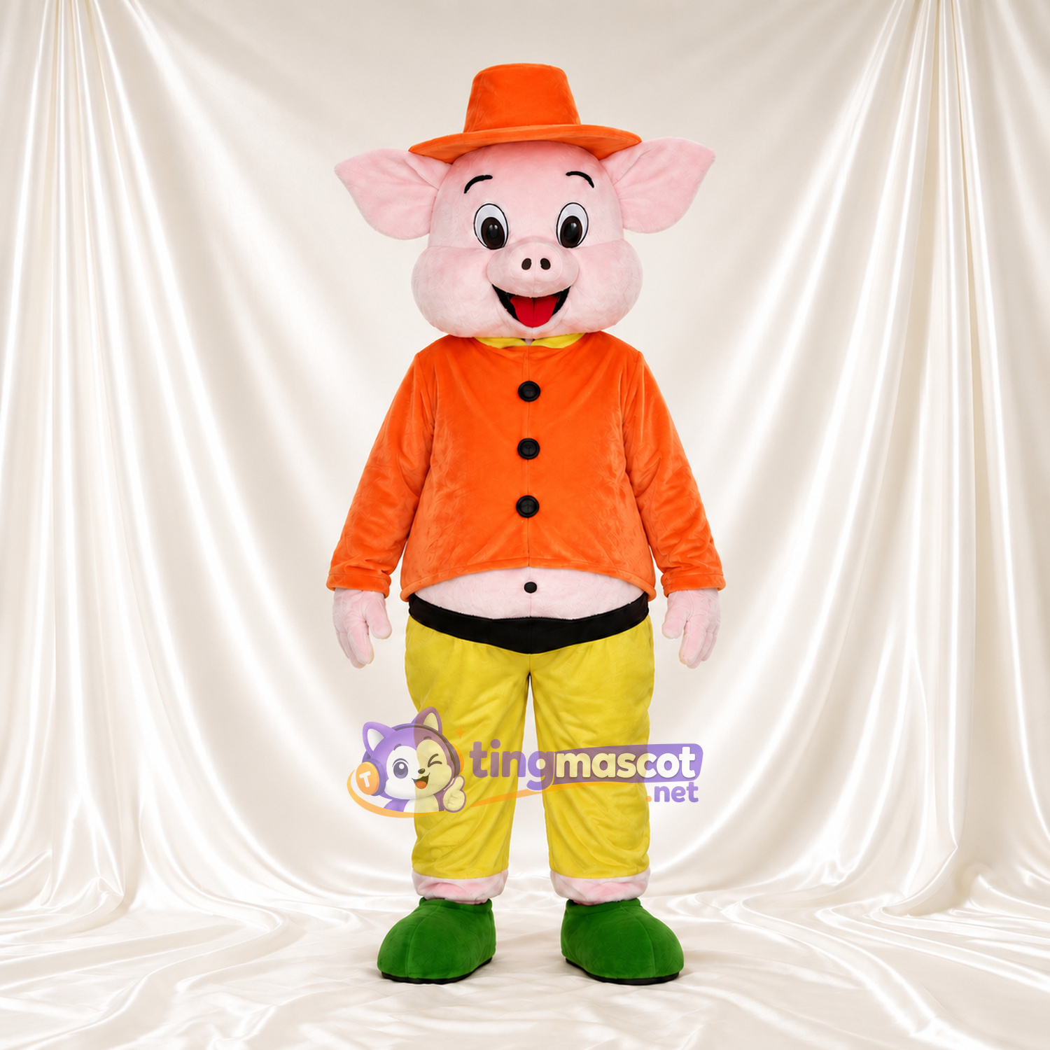 Costume de mascotte Cochon – blanc – Chapeau (orange); Veste Costume de mascotte Cochon – blanc – Chapeau (orange); Veste