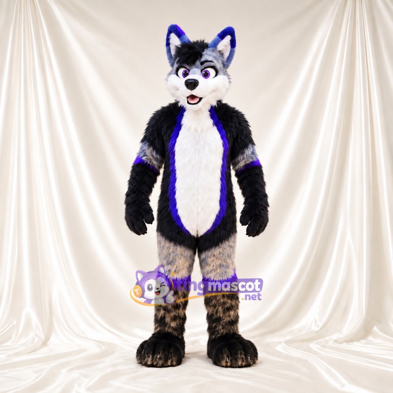 Black and White Wolf Mascot Costume - Purple Accents Black and White Wolf Mascot Costume - Purple Accents