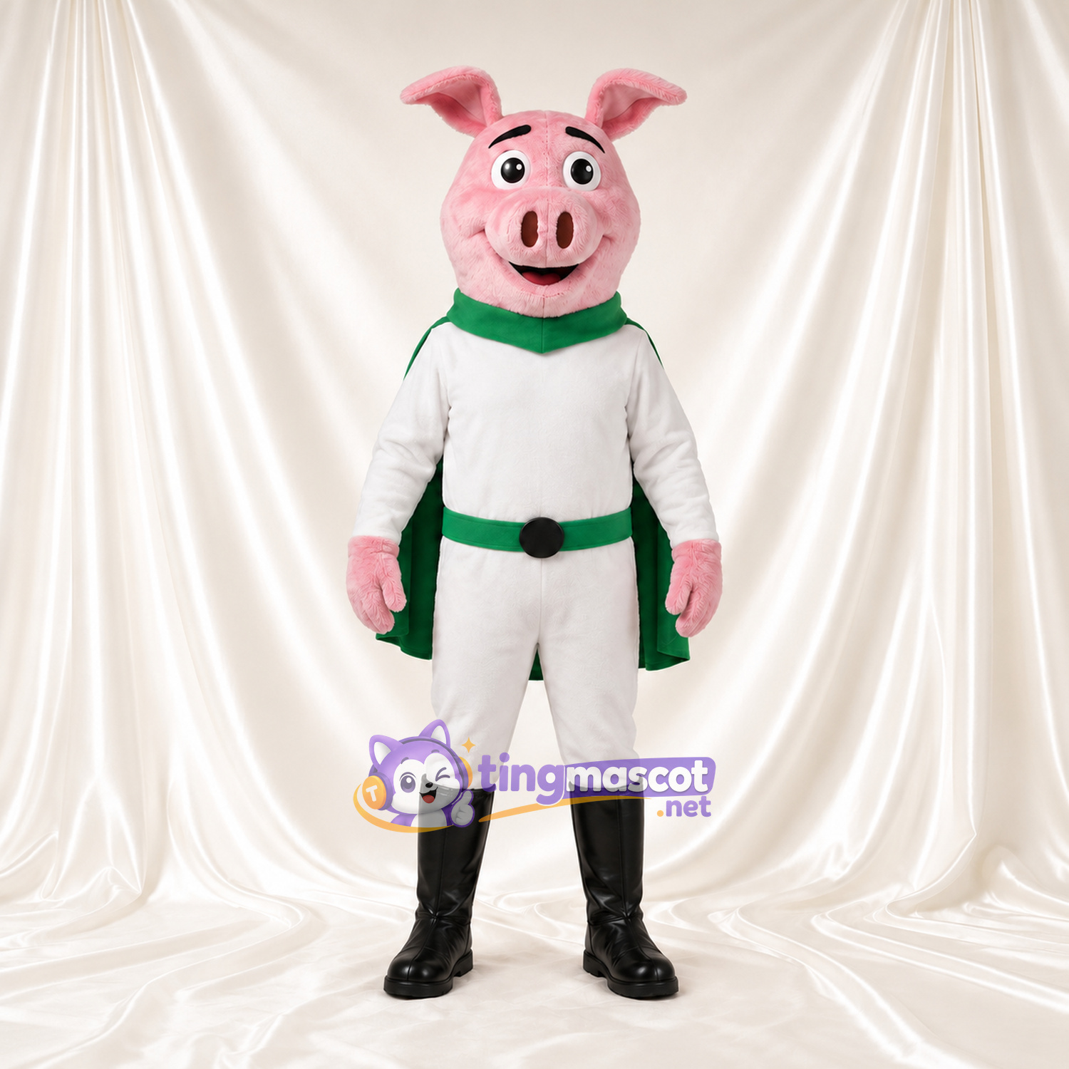 Costume de mascotte Cochon – rose – Cape (vert); Costume (blanc) Costume de mascotte Cochon – rose – Cape (vert); Costume (blanc)