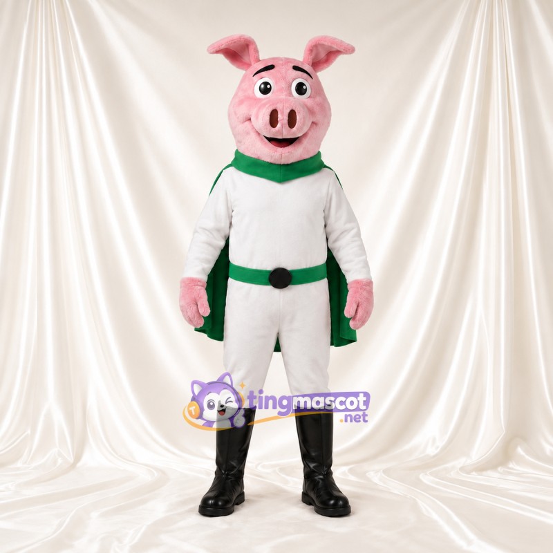 Costume de mascotte Cochon – rose – Cape (vert); Costume (blanc) Costume de mascotte Cochon – rose – Cape (vert); Costume (blanc)