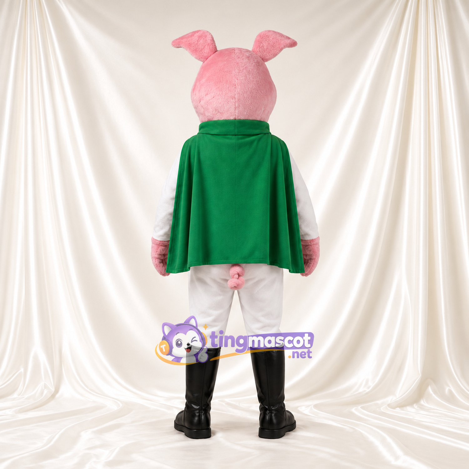 Costume de mascotte Cochon – rose – Cape (vert); Costume (blanc) Costume de mascotte Cochon – rose – Cape (vert); Costume (blanc)