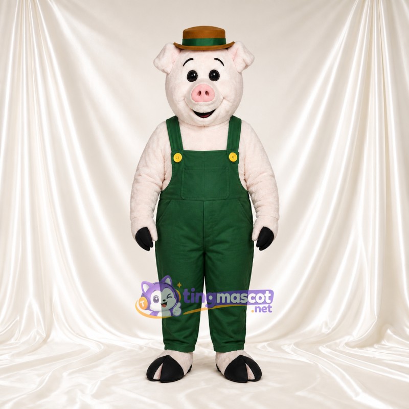 Costume de mascotte Cochon – blanc – Salopette (vert); Chapeau Costume de mascotte Cochon – blanc – Salopette (vert); Chapeau