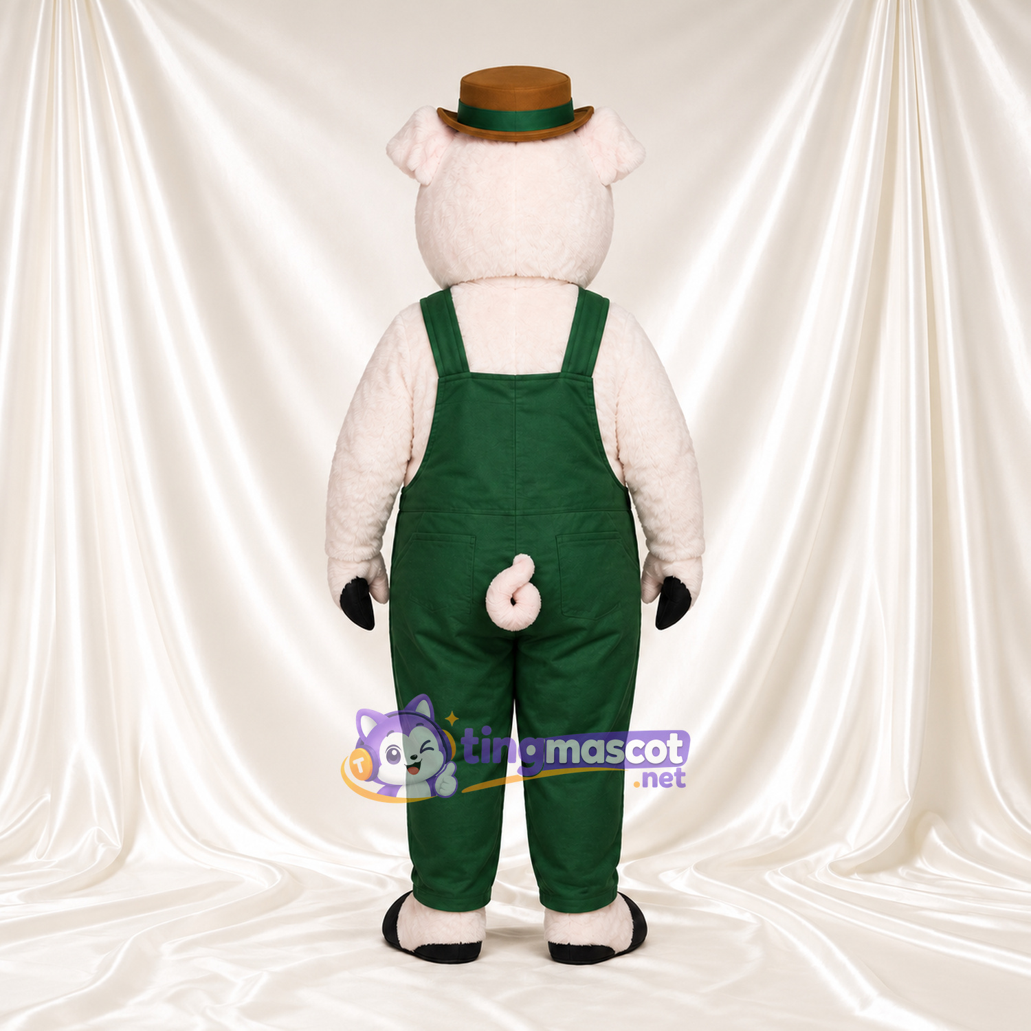 Costume de mascotte Cochon – blanc – Salopette (vert); Chapeau Costume de mascotte Cochon – blanc – Salopette (vert); Chapeau