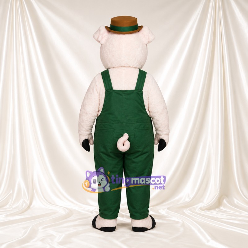 Costume de mascotte Cochon – blanc – Salopette (vert); Chapeau Costume de mascotte Cochon – blanc – Salopette (vert); Chapeau