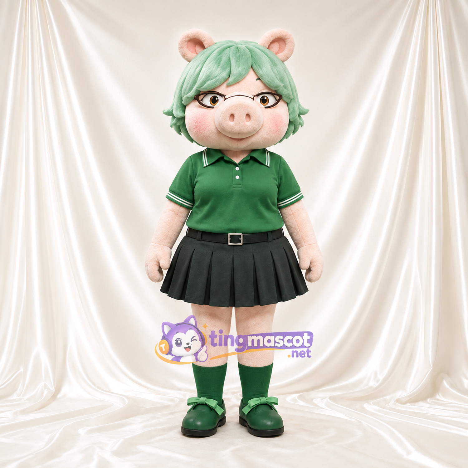 Maskottchenkostüm Schwein – hellrosa – Haare (grün); Rock Maskottchenkostüm Schwein – hellrosa – Haare (grün); Rock