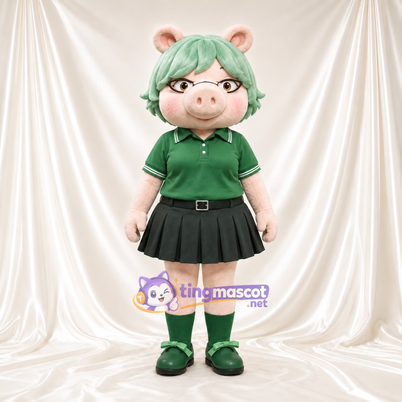 Costume de mascotte Cochon – rose clair – Cheveux (vert); Jupe