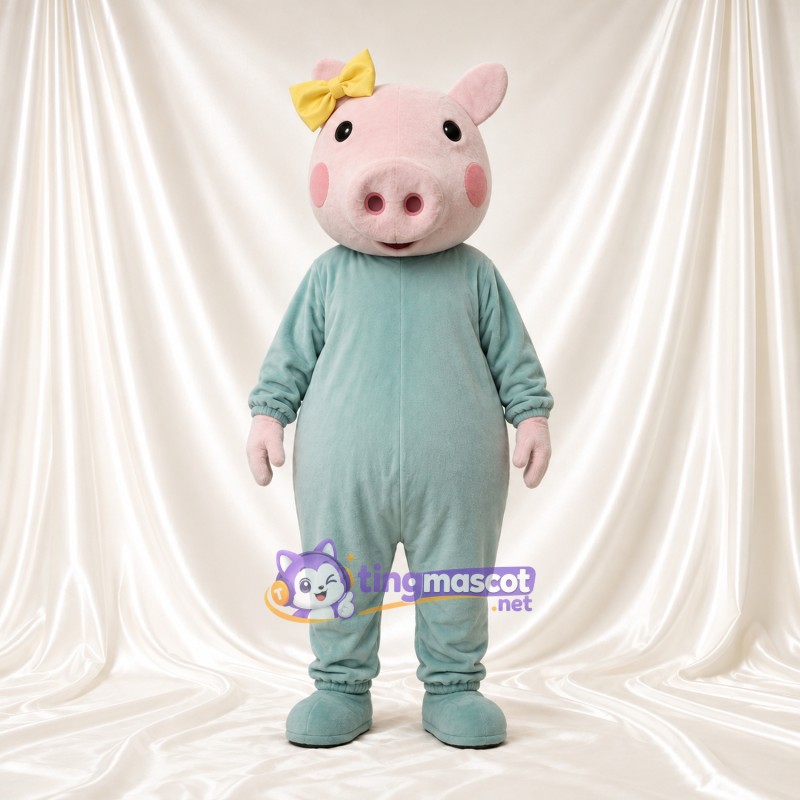 Maskottchenkostüm Schwein – rosa – Anzug (grün); Schleife (gelb) Maskottchenkostüm Schwein – rosa – Anzug (grün); Schleife (gelb)