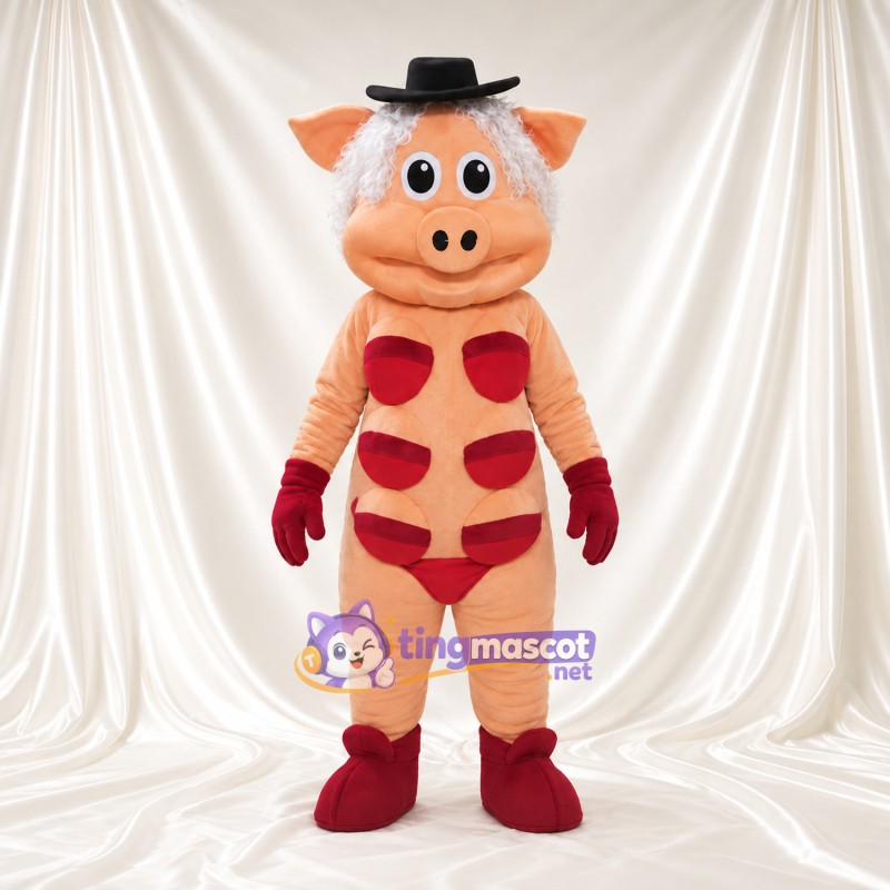 Costume de mascotte Cochon – pêche – Chapeau melon (noir); Taches (rouge) Costume de mascotte Cochon – pêche – Chapeau melon (noir); Taches (rouge)
