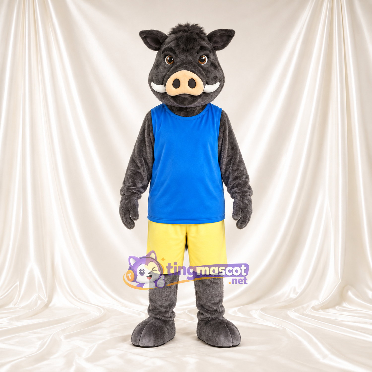 Costume de mascotte Sanglier – gris – Chemise (bleu); Short (jaune) Costume de mascotte Sanglier – gris – Chemise (bleu); Short (jaune)