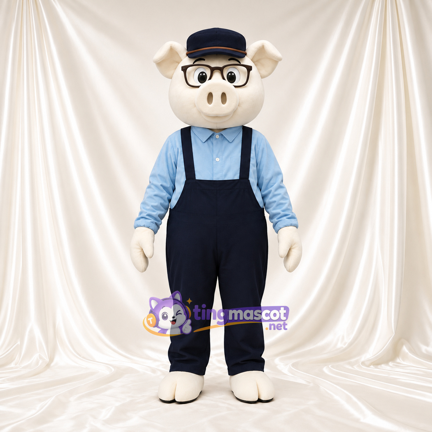 Costume de mascotte Cochon – blanc – Salopette (bleu) Costume de mascotte Cochon – blanc – Salopette (bleu)