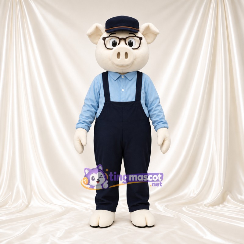 Costume de mascotte Cochon – blanc – Salopette (bleu) Costume de mascotte Cochon – blanc – Salopette (bleu)