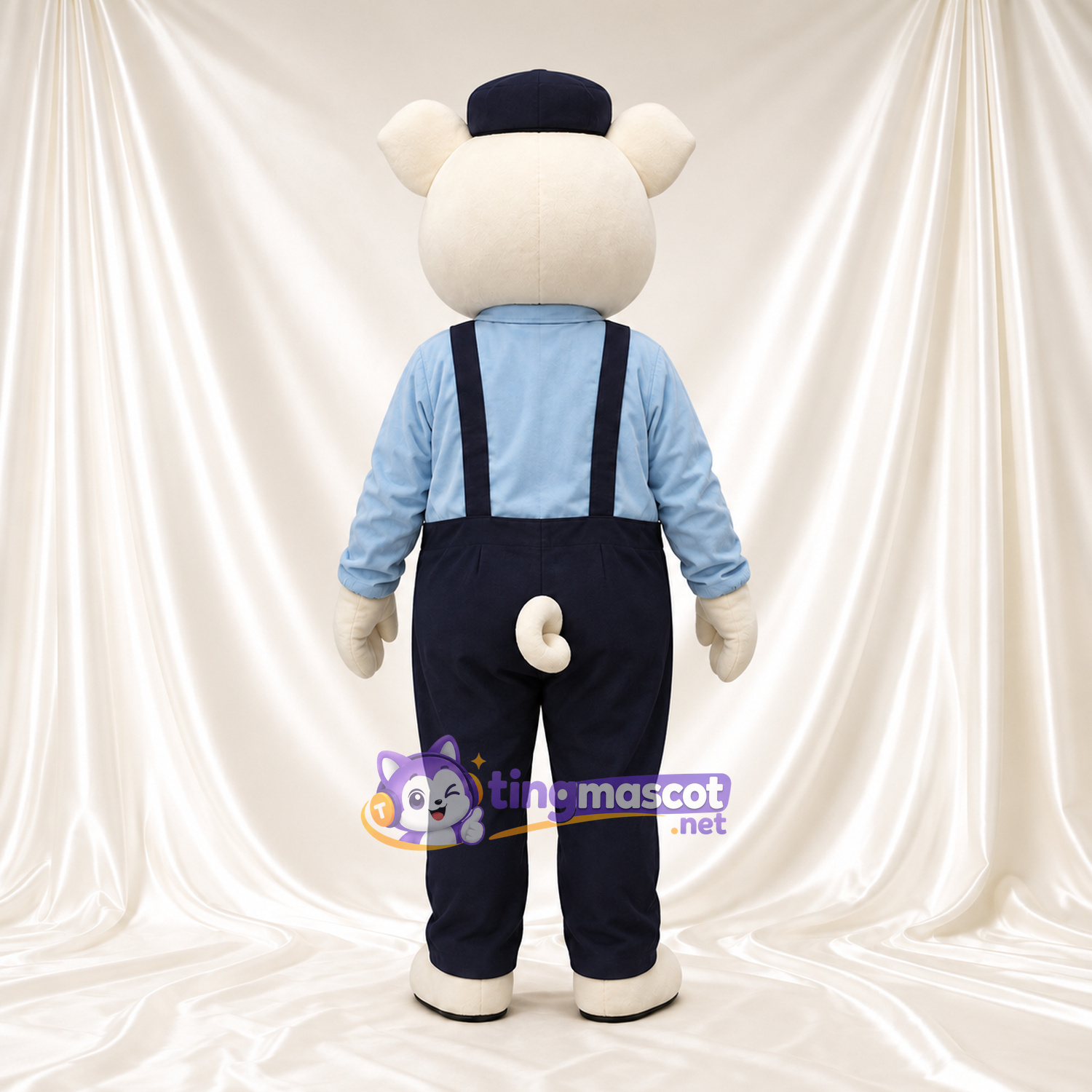 Costume de mascotte Cochon – blanc – Salopette (bleu) Costume de mascotte Cochon – blanc – Salopette (bleu)