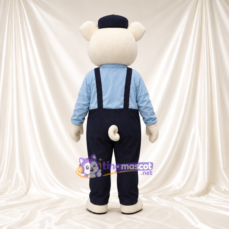 Costume de mascotte Cochon – blanc – Salopette (bleu) Costume de mascotte Cochon – blanc – Salopette (bleu)