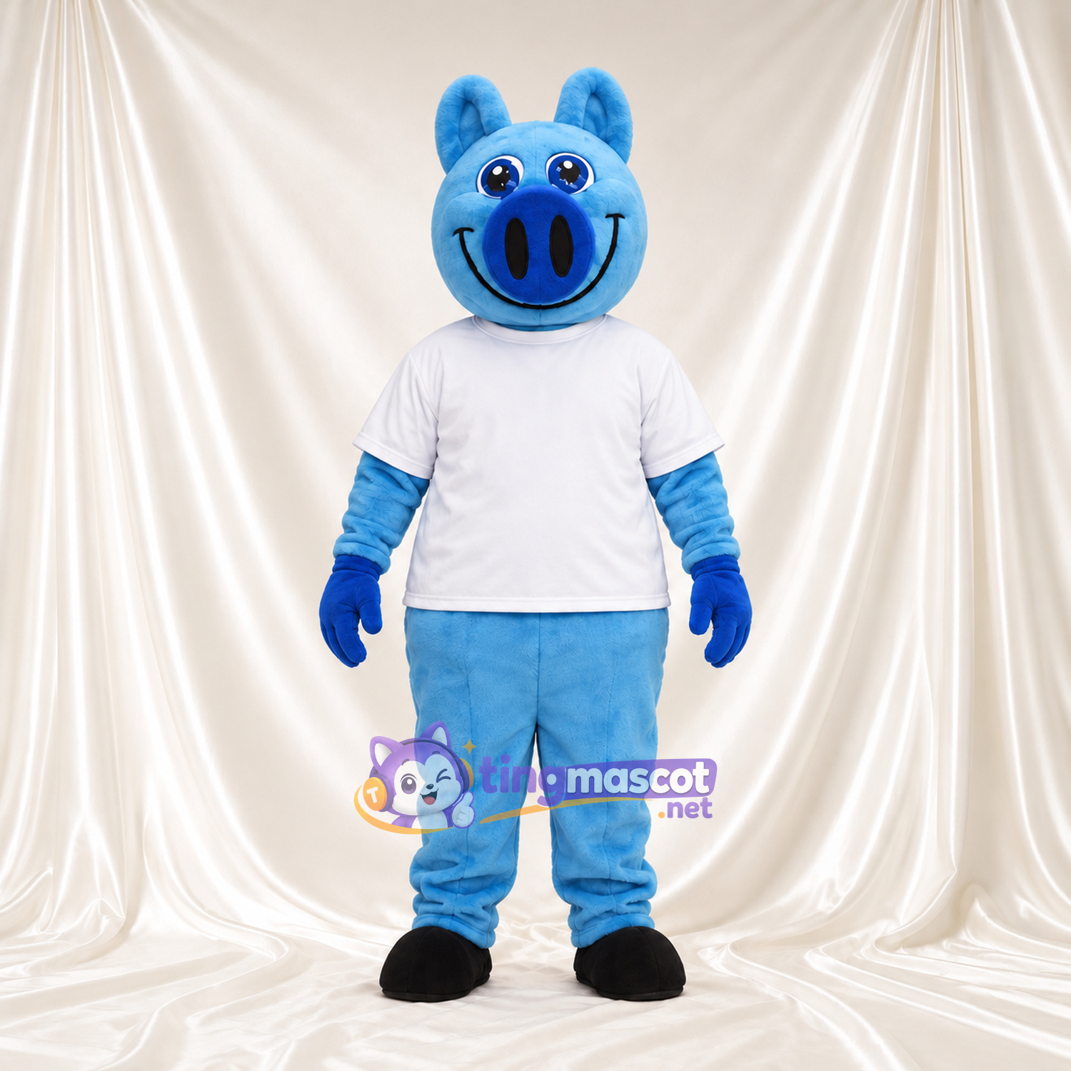 Blue Pig Mascot Costume - White Shirt and Blue Pants Blue Pig Mascot Costume - White Shirt and Blue Pants